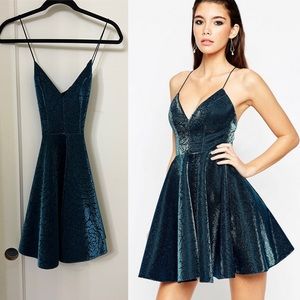 Asos Night Metallic Skinny Strap Skater Dress in teal green glitter Size UK 4